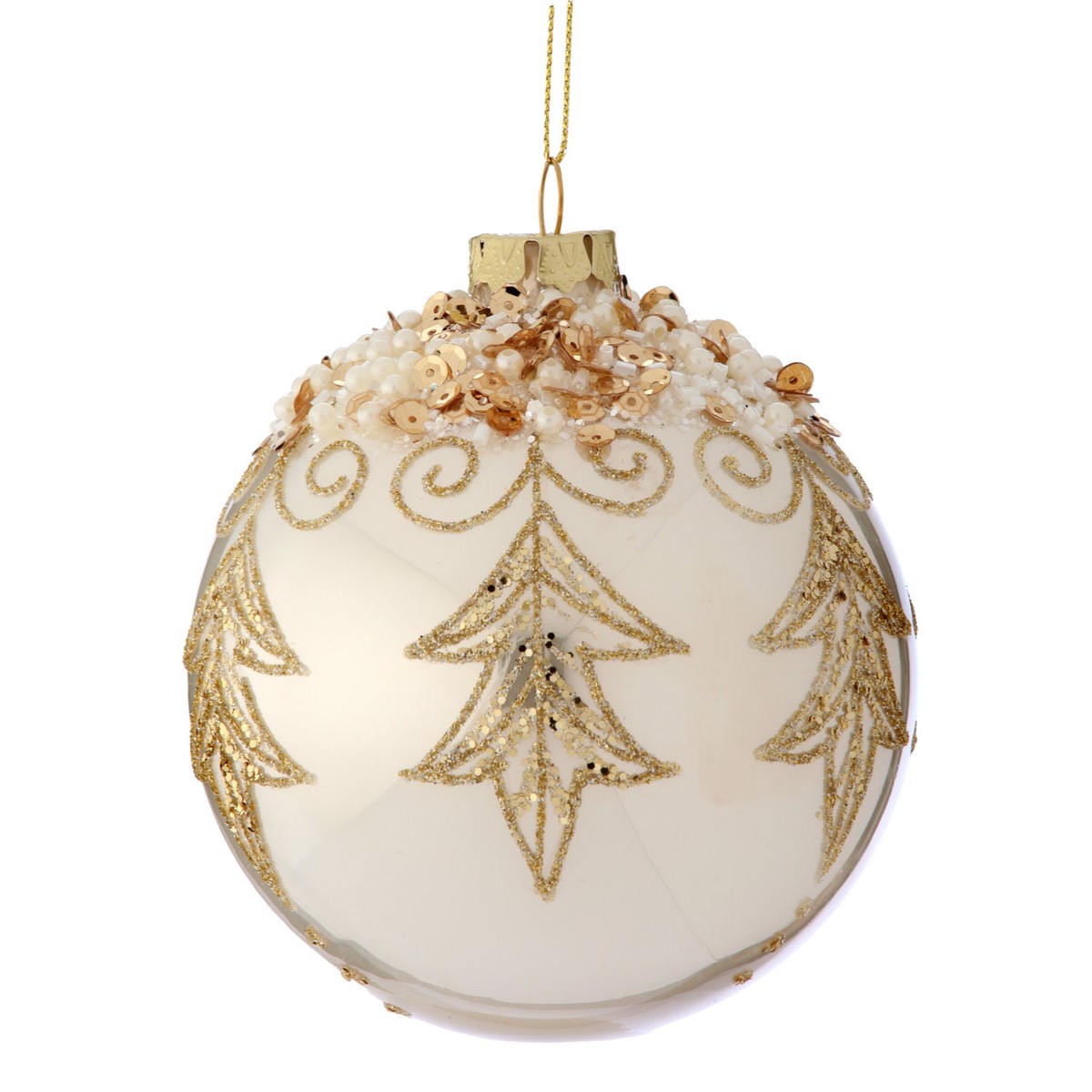 4″ Glass w/Pearl Etched Ball Ornament (Cream/gold)