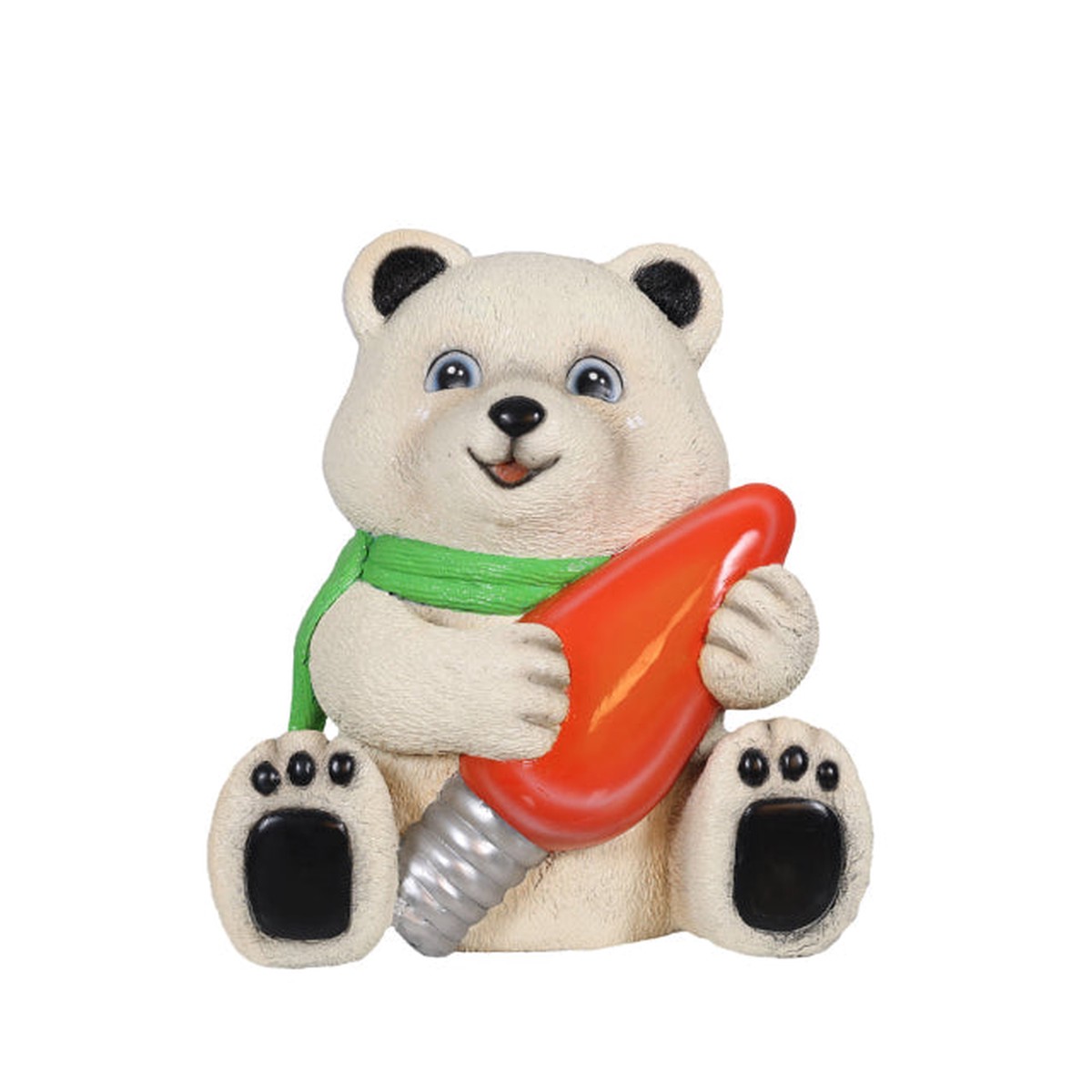 Large Fiberglass Baby Polar Bear Holding Light Bulb Figure, 24″