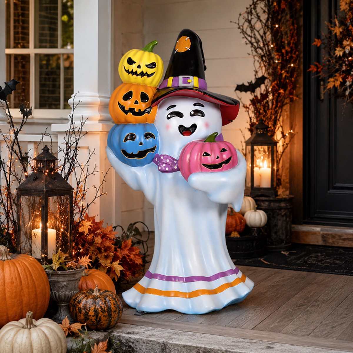 Large Fiberglass Witch Ghost Holding Pumpkins Figure, 43″