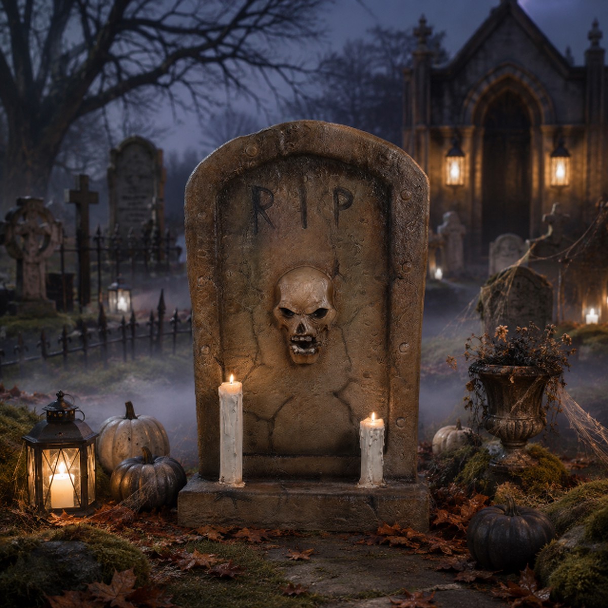 Large Gravestone w/Two Candles Decoration, 48″