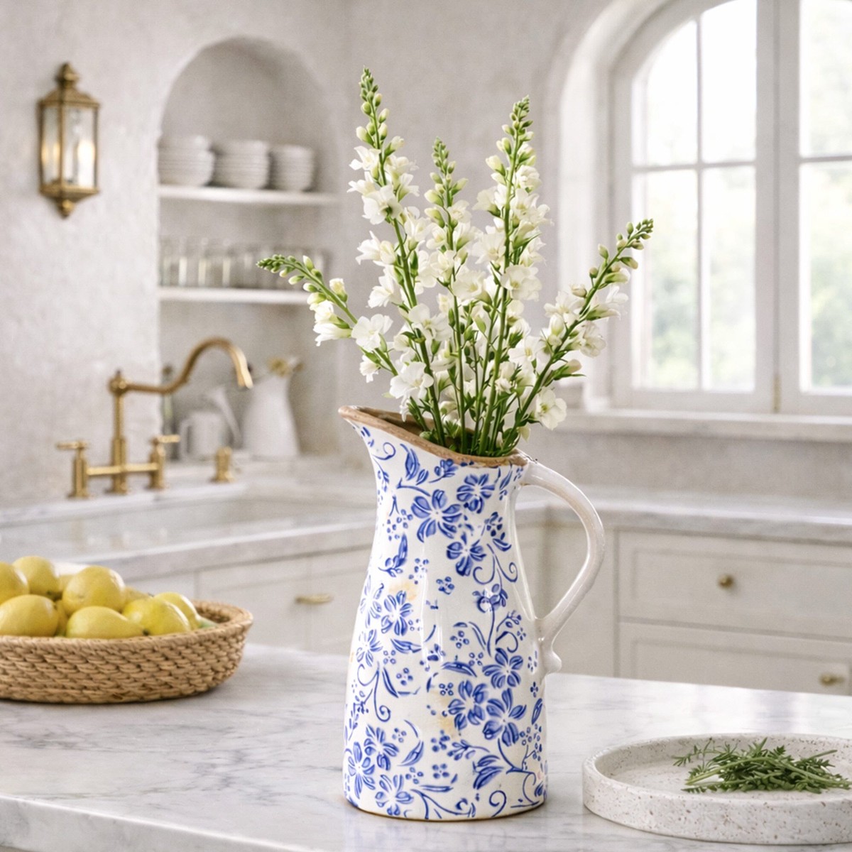 10.5 Floral Tuscan Ceramic Blue Scroll Pitcher Vase