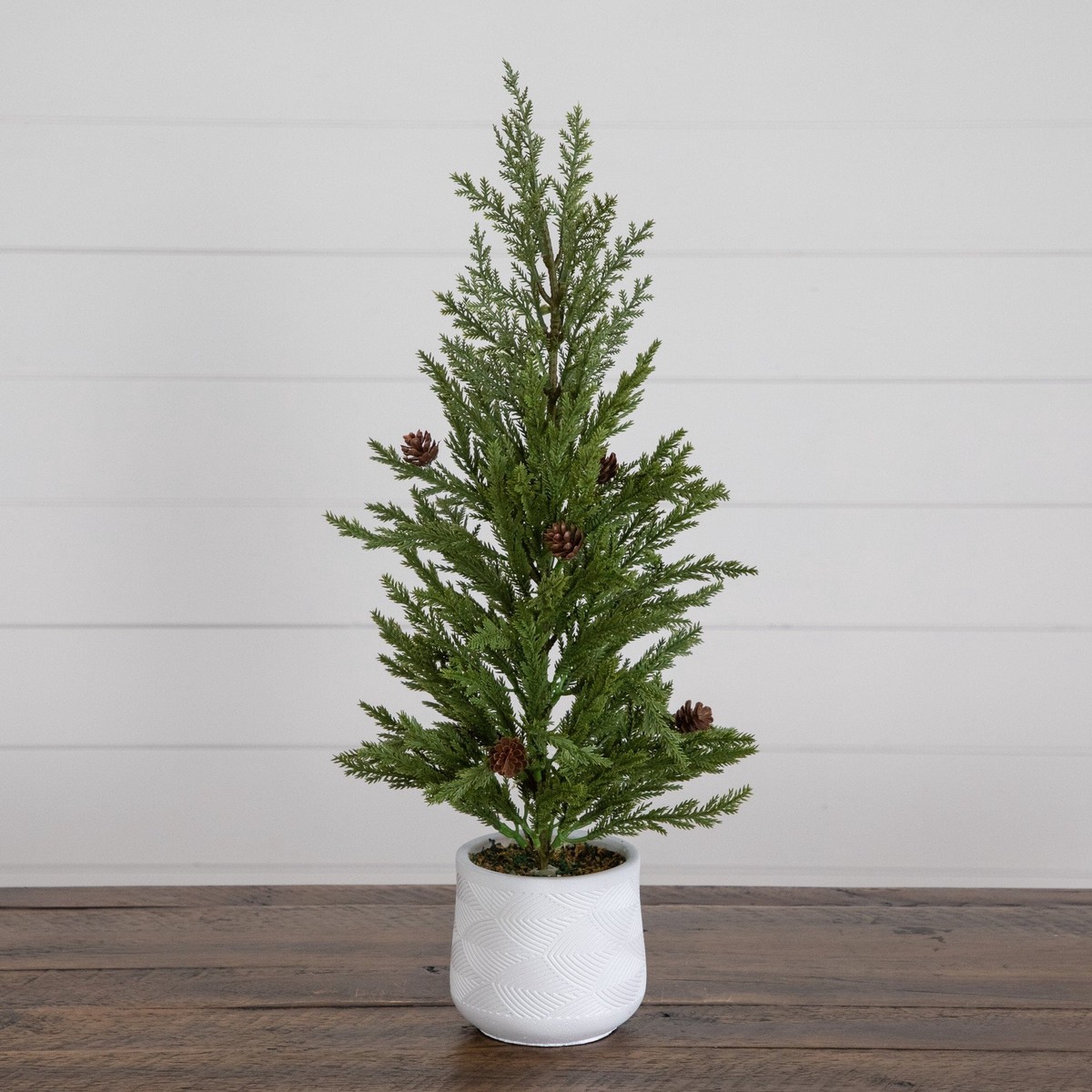 20 Artificial Christmas Cedar Pine Tree with Pinecones in White Ceramic Planter