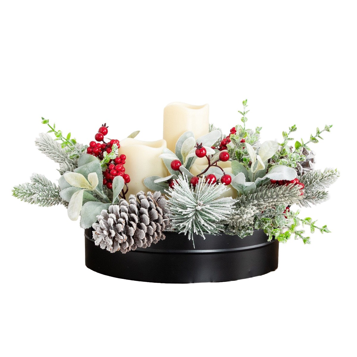 10 Artificial Christmas Flocked Pine & Berry Candle Centerpiece with Pinecones