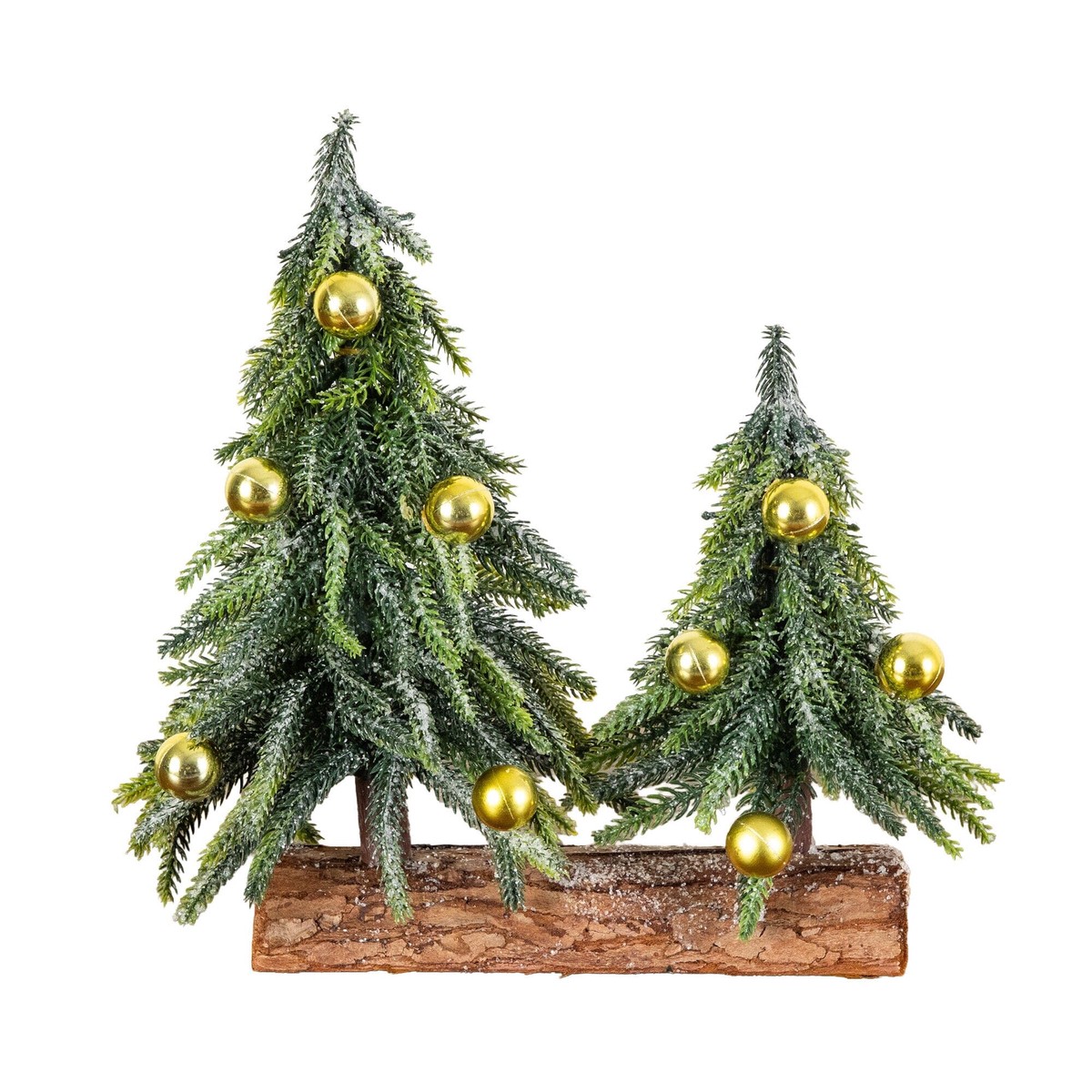 10 Artificial Snowed Downswept Christmas Tree Duo with Ornaments in Rustic Wooden Log Base