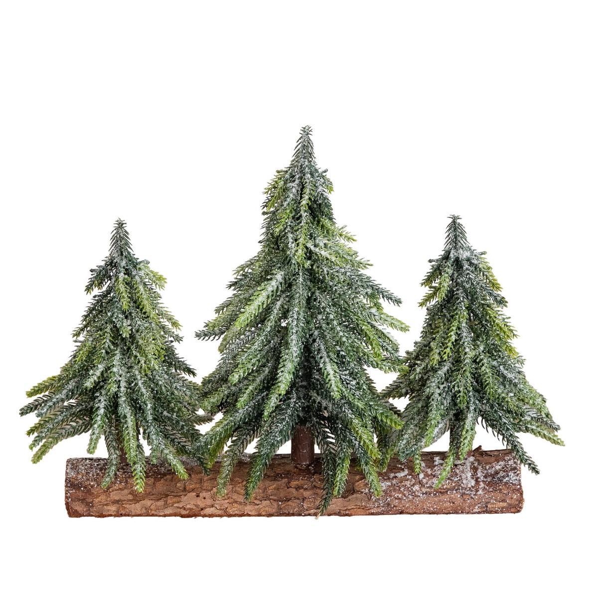 10 Artificial Snowed Downswept Christmas Tree Trio in Rustic Wooden Log Base