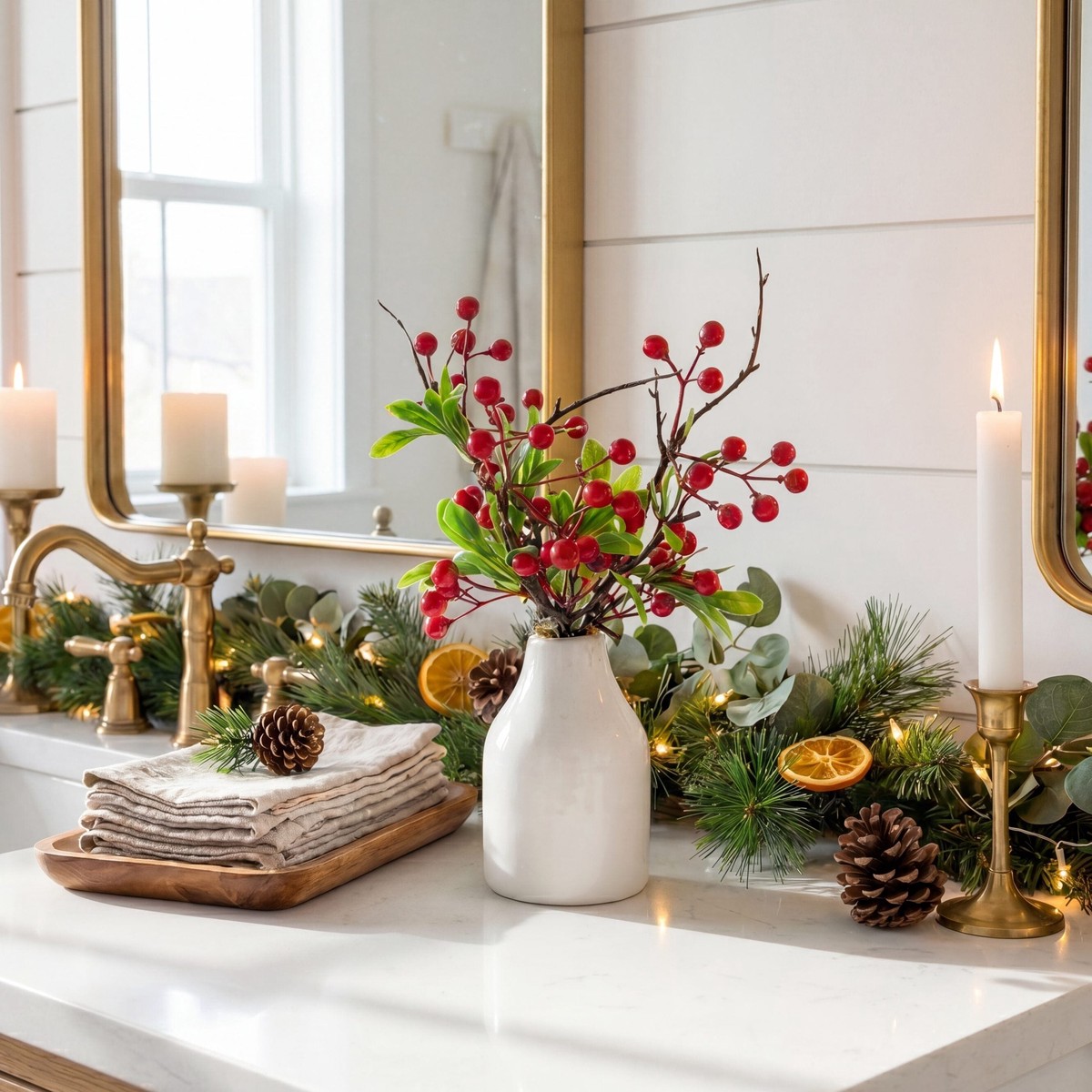 13 Artificial Red Holly Berries Arrangement in Ceramic Vase
