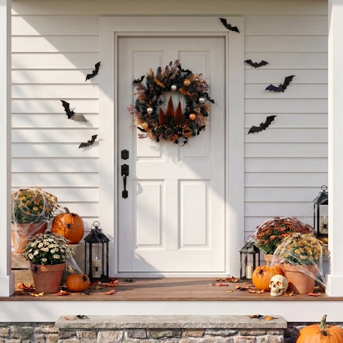 24" Artificial Halloween Black Mixed Foliage Wreath with Bats, Pinecones and Trees