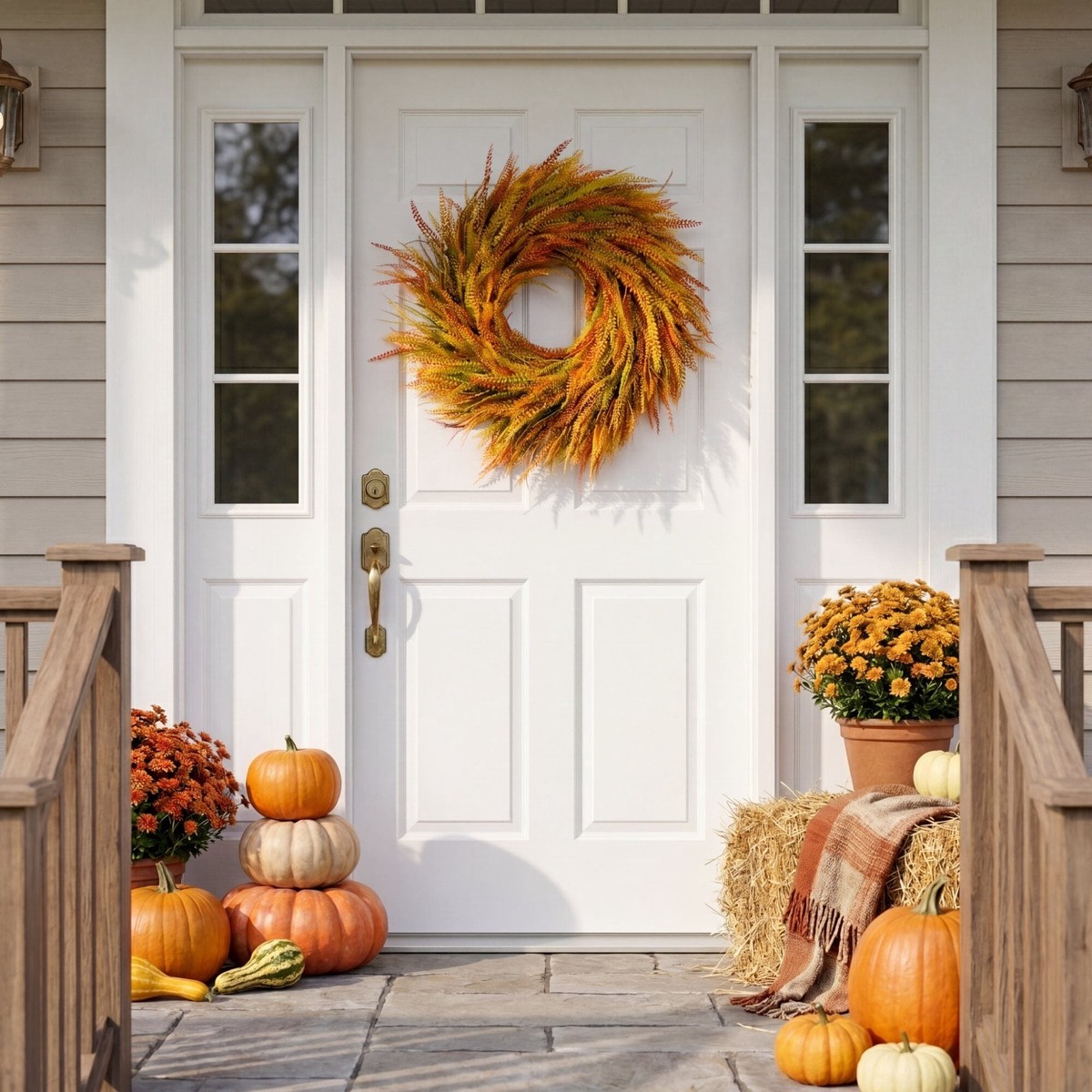 28" UV Resistant Autumn Artificial Fall Wheat Grass Wreath (Indoor/Outdoor)