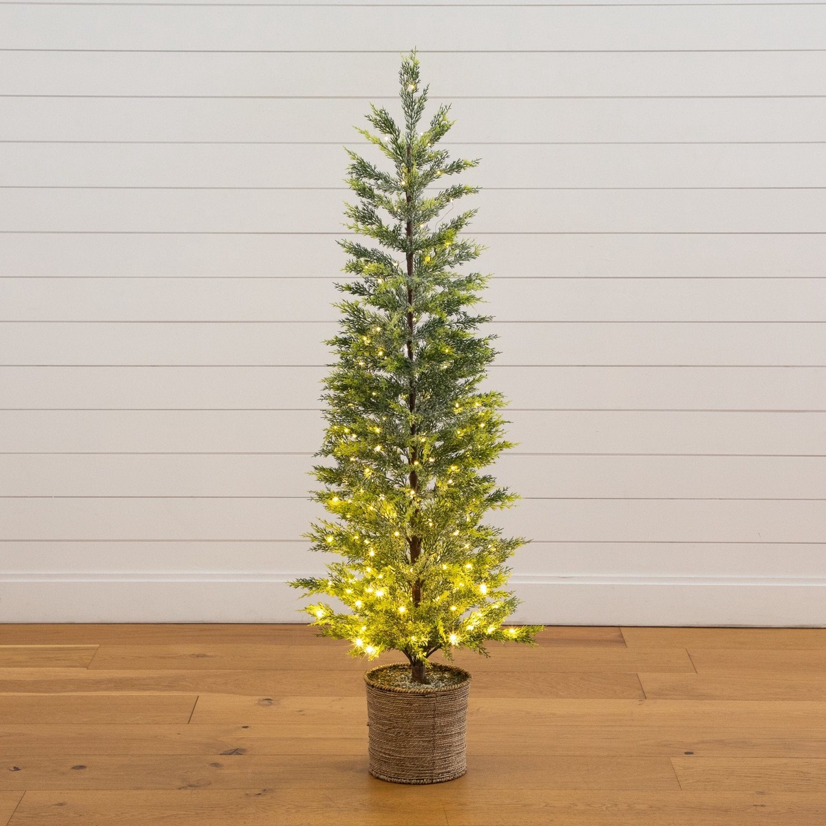 5 Pre-Lit Artificial Snowed Cypress Christmas Tree with 140 LED Lights in Hyacinth Basket