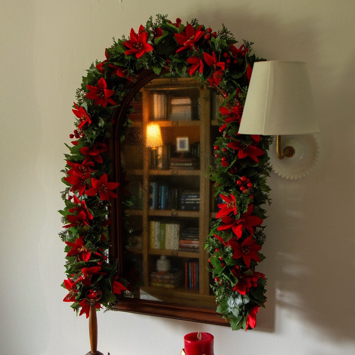 6 UV Resistant Artificial Christmas Poinsettia & Berries Garland (Indoor/Outdoor)