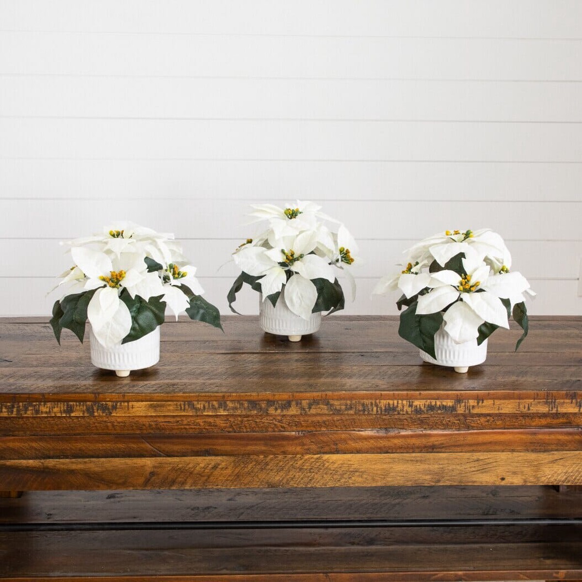 9 Artificial White Poinsettia Arrangements in White Ceramic Pots - Set of 3
