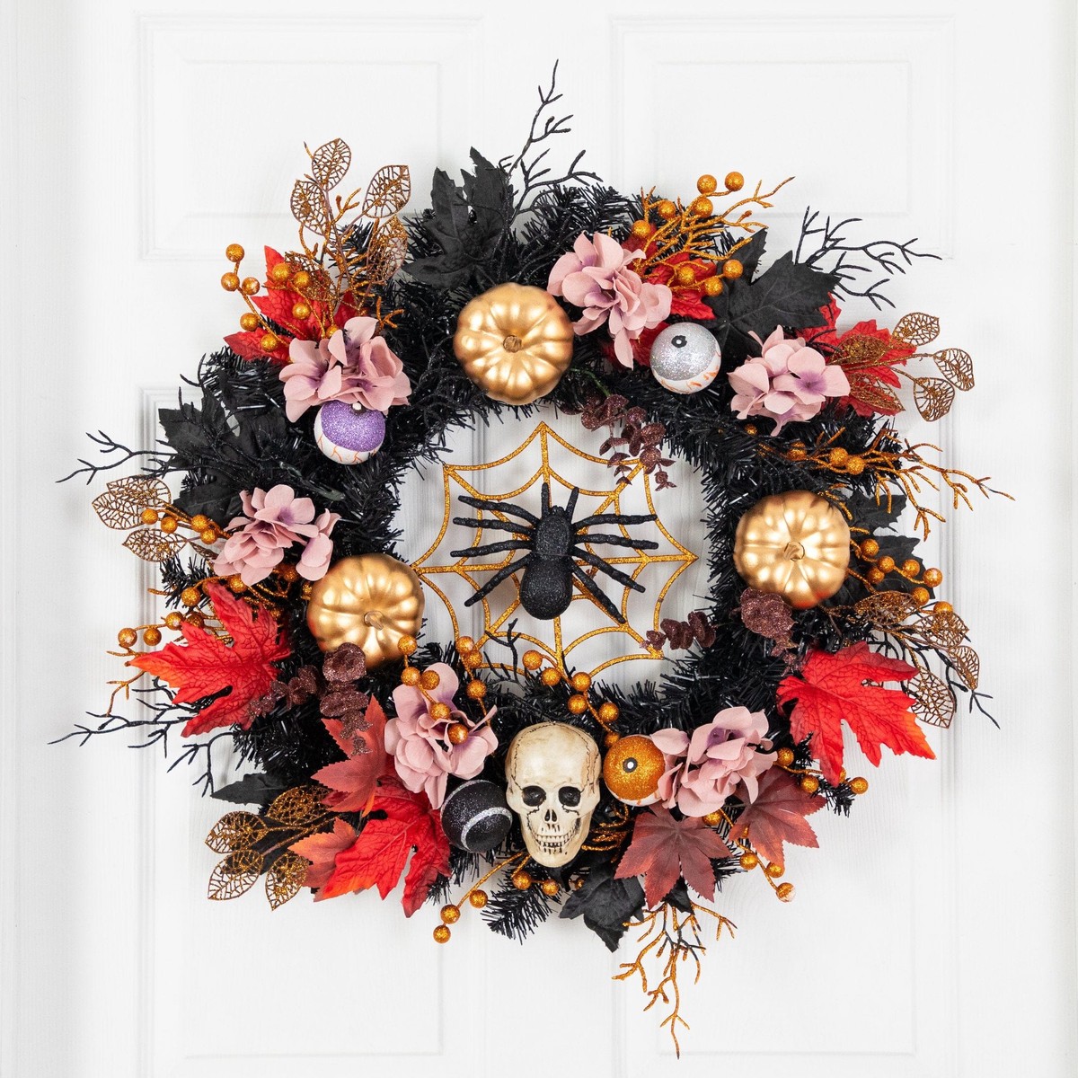 24 Artificial Halloween Wreath with Skulls, Spiders and Pumpkins