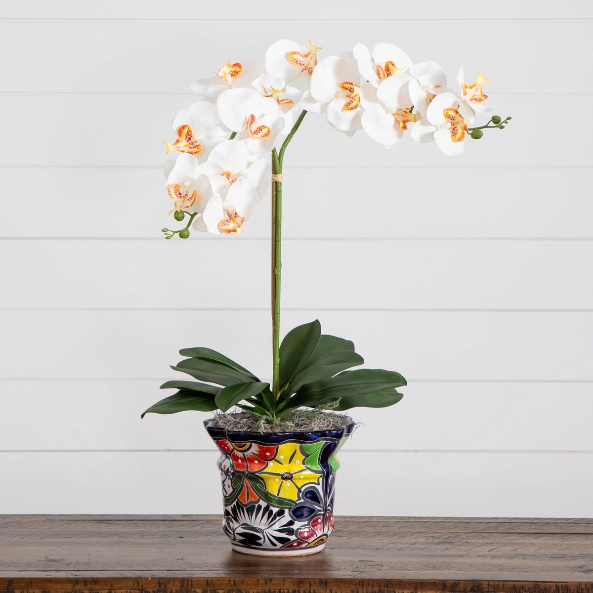 26 Artificial Double Orchid Arrangement in Handmade Mexican Talavera Ceramic Planter