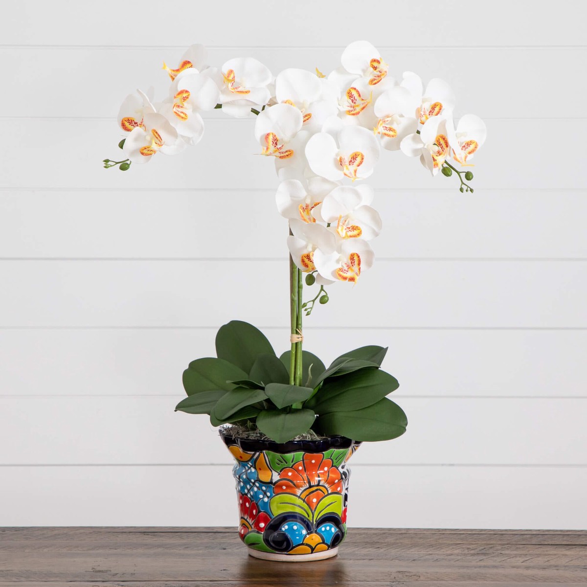 27 Artificial Triple Orchid Arrangement in Handmade Mexican Talavera Ceramic Planter