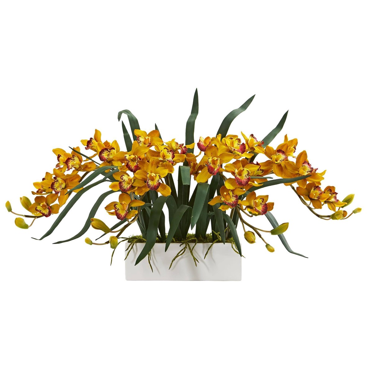 Cymbidium Artificial Arrangement in White Vase - Yellow