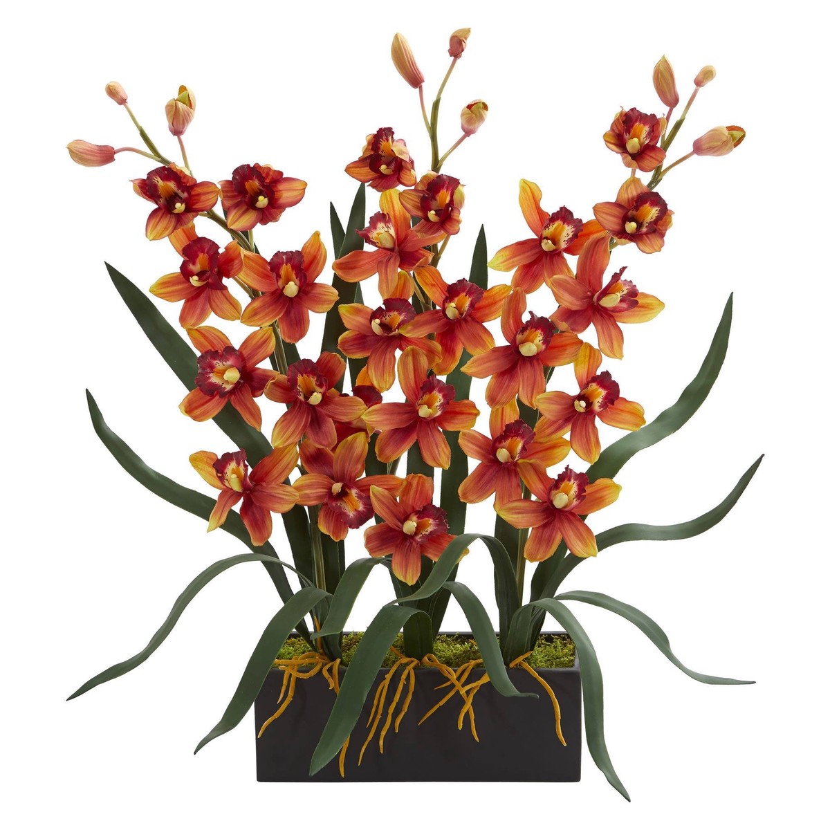 Cymbidium Orchid Artificial Arrangement in Black Vase - Burgundy