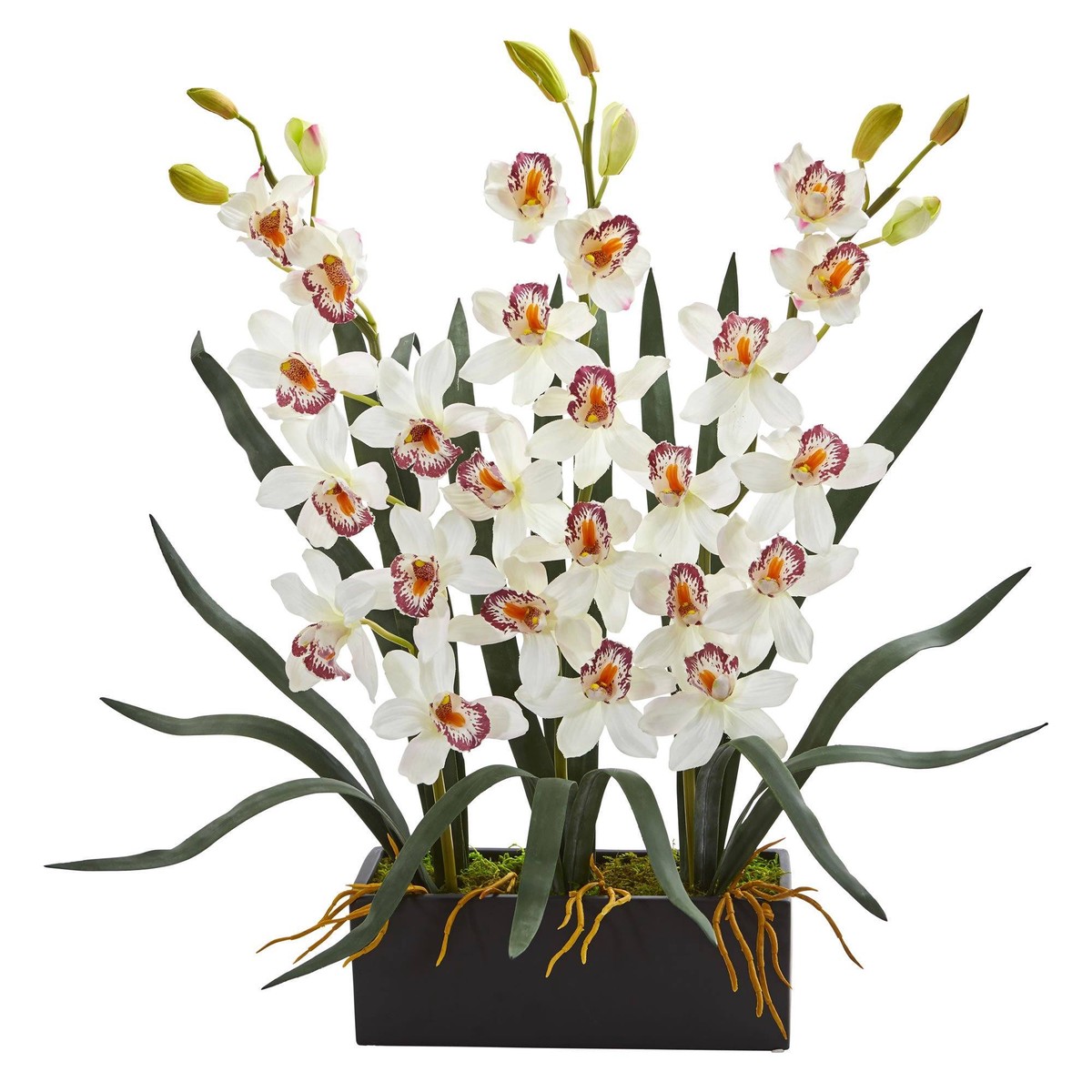 Cymbidium Orchid Artificial Arrangement in Black Vase - White