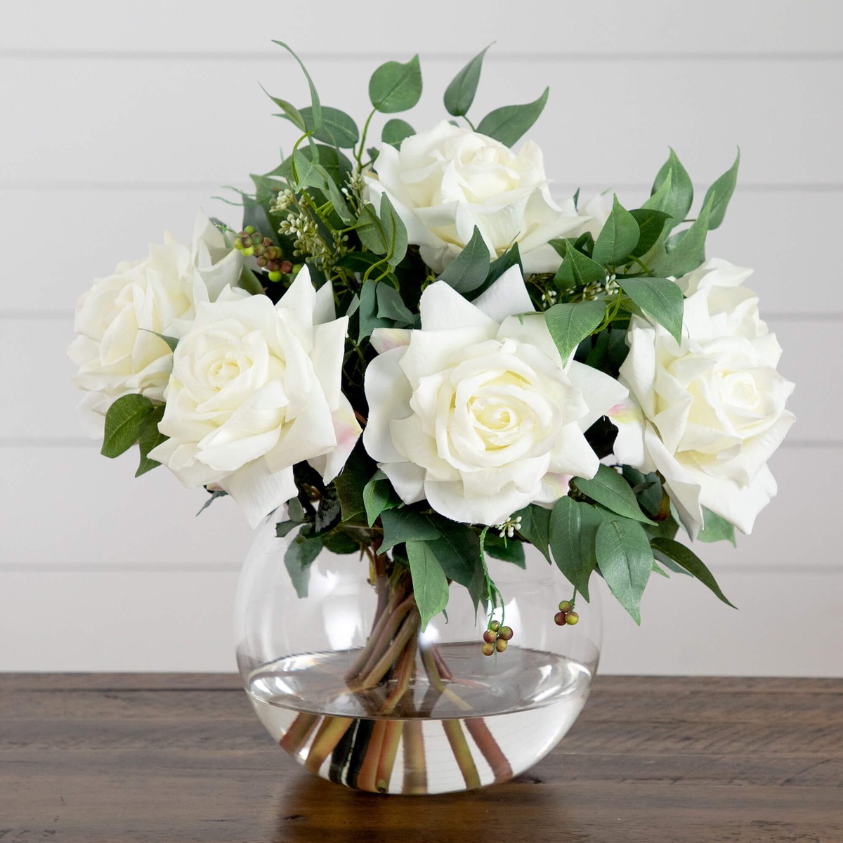 Wedding Collection 16″ Artificial Roses and Mixed Greens Arrangement in Glass Vase