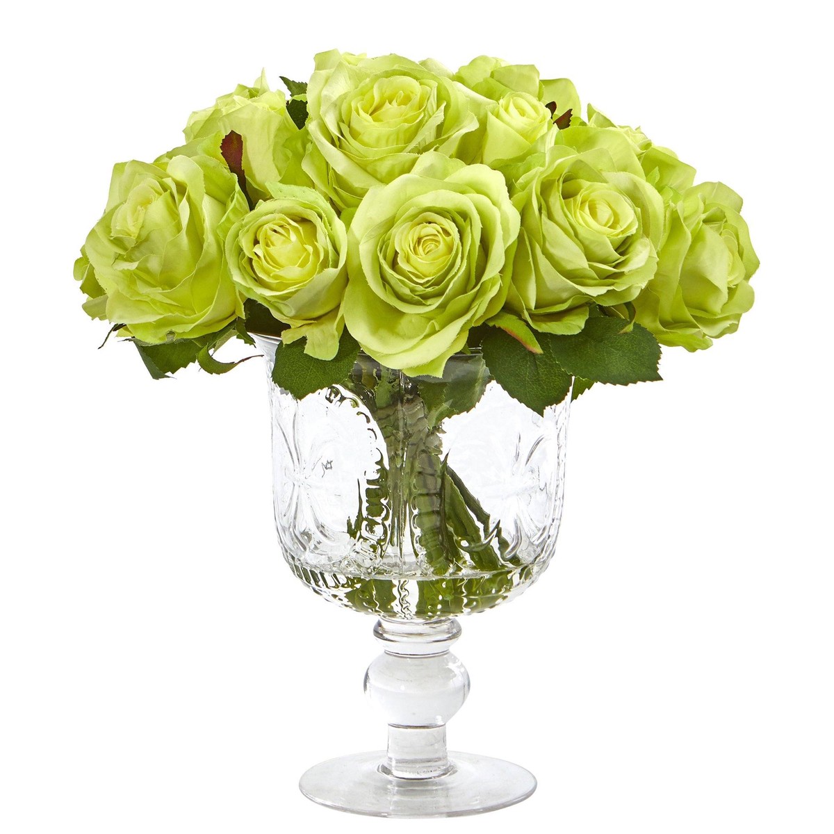 11 Rose Artificial Arrangement in Royal Glass Urn – Green