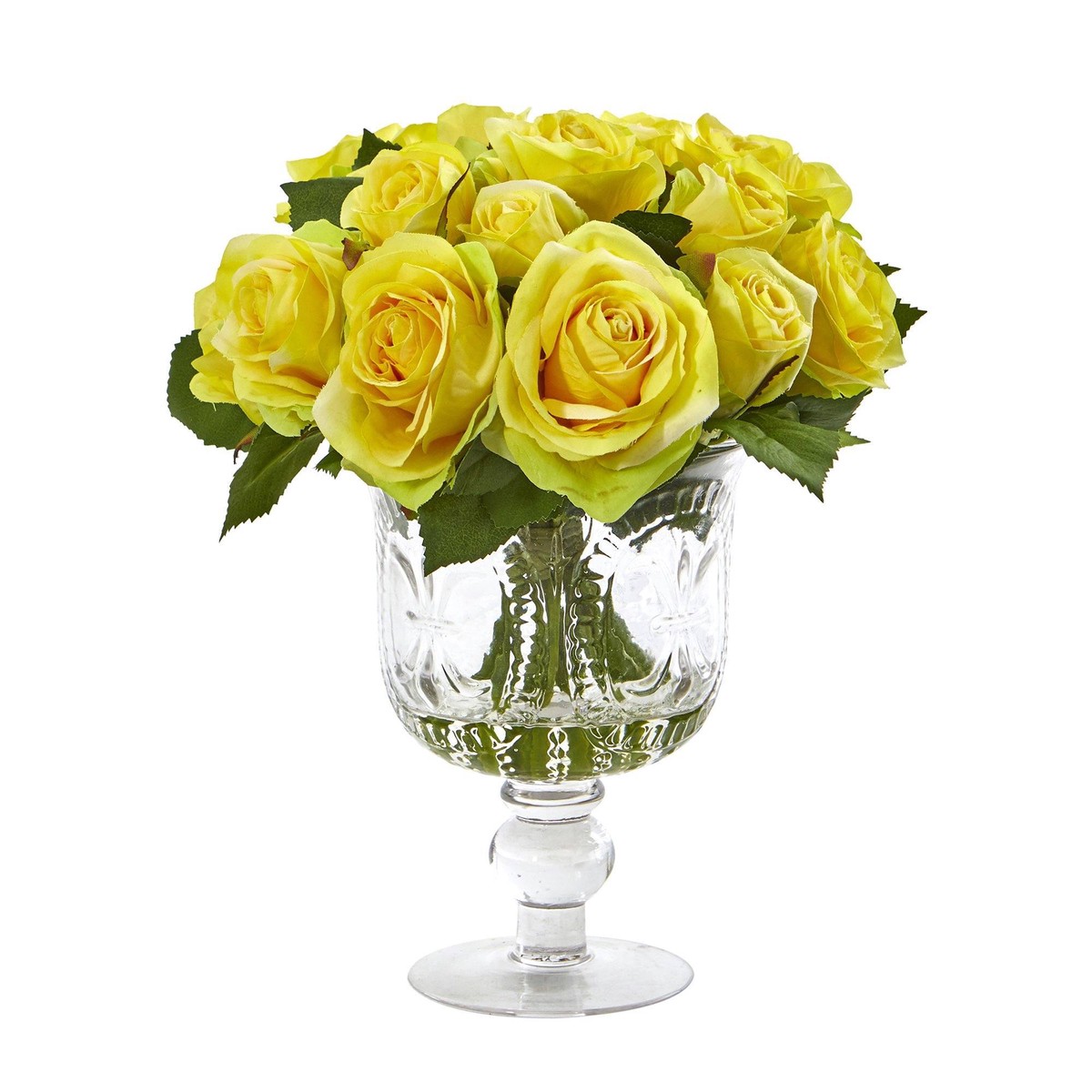 11 Rose Artificial Arrangement in Royal Glass Urn – Yellow