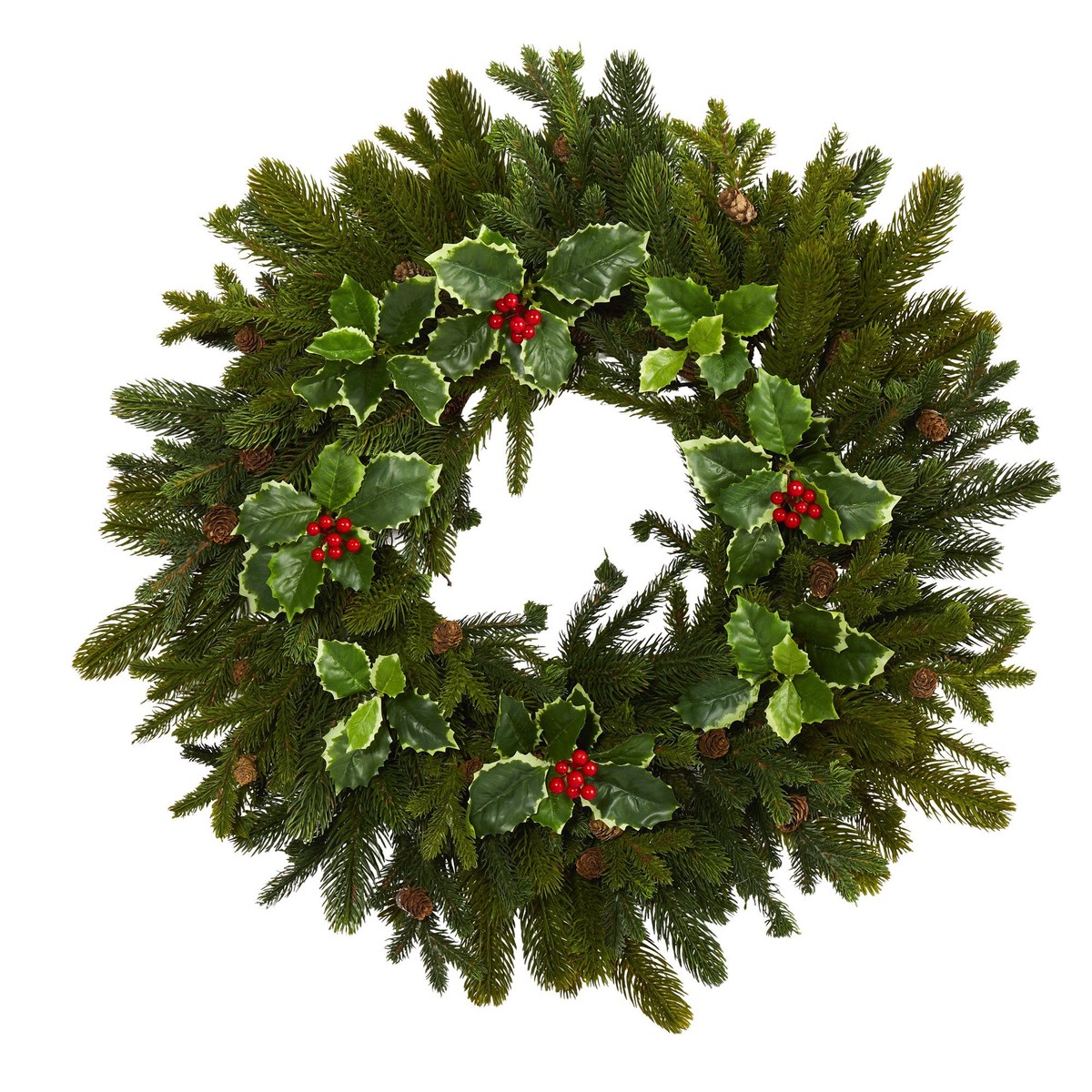 22 Pine, Pinecone and Variegated Holly Leaf Artificial Wreath