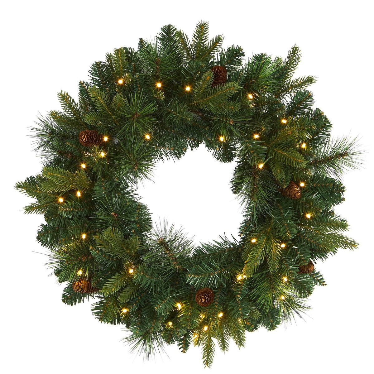 24 Mixed Pine Artificial Christmas Wreath with 35 Clear LED Lights and Pinecones