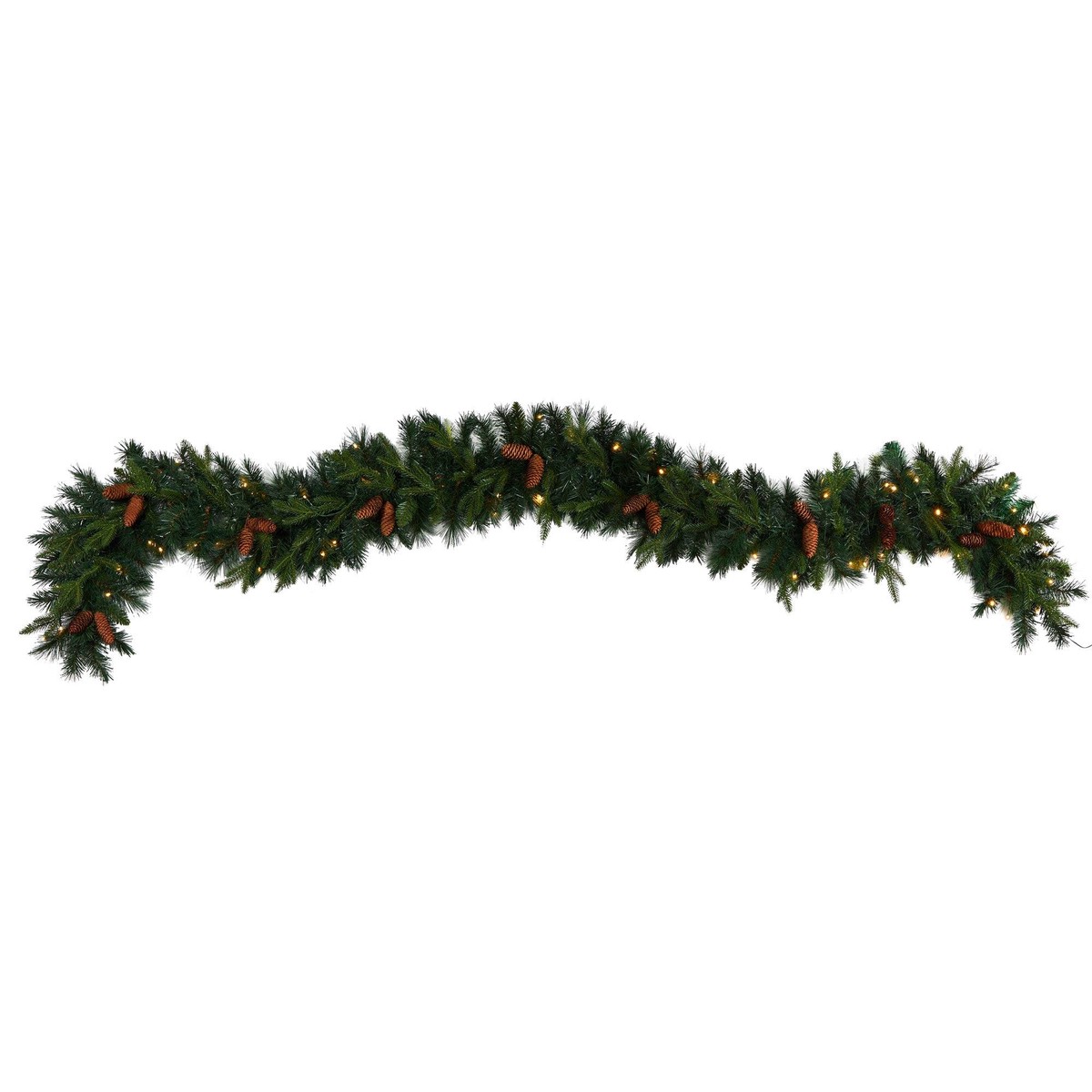 9′ Mixed Pines and Pinecones Extra Wide Garland with 286 Branches and 70 Warm White LED Lights