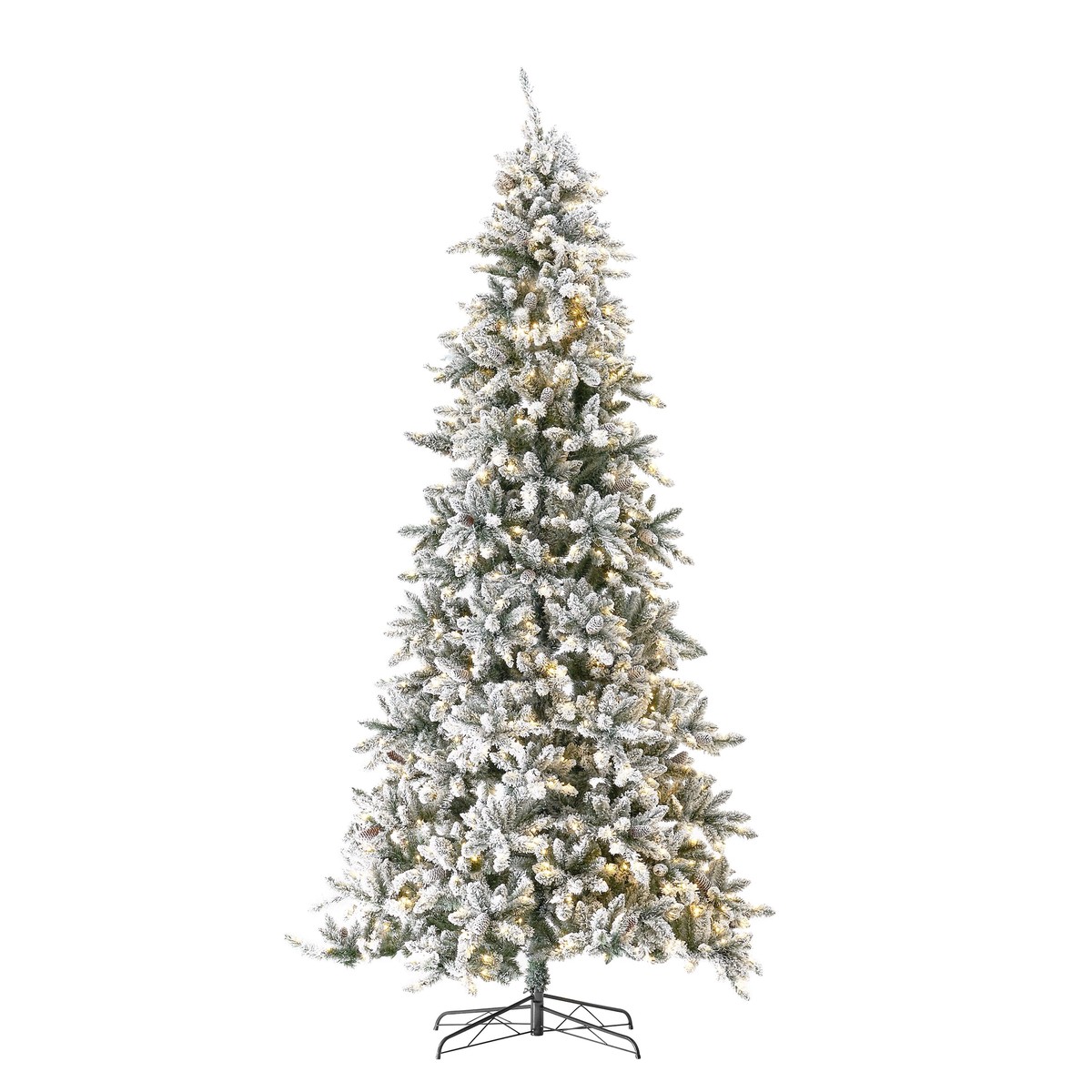10 Flocked Livingston Fir Artificial Christmas Tree with Pine Cones, 750 Clear Warm LED Lights and 2424 Bendable Branches
