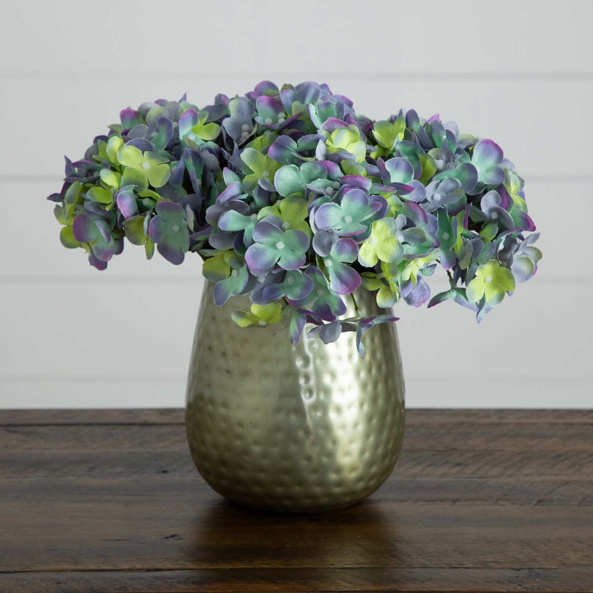 11 Artificial Hydrangea Arrangement in Gold Metal Vase – Blue