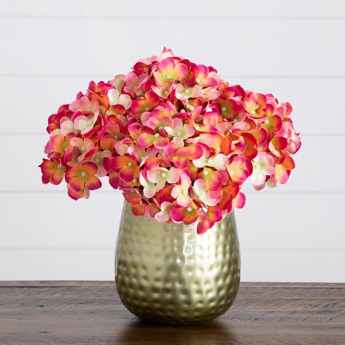 11 Artificial Hydrangea Arrangement in Gold Metal Vase – Pink