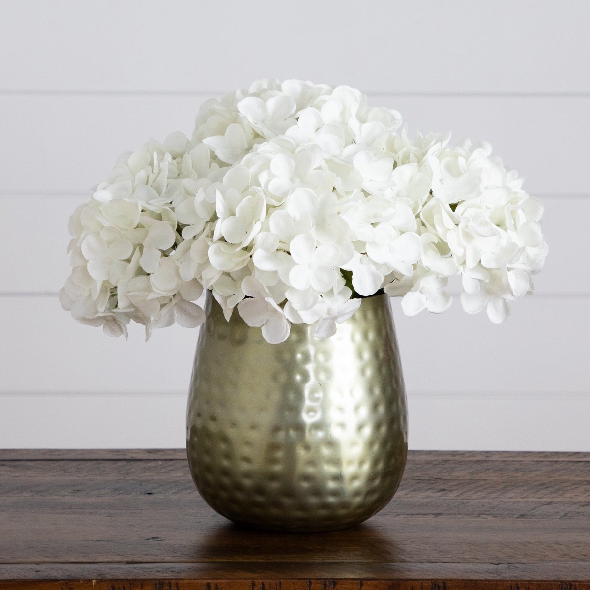 11 Artificial Hydrangea Arrangement in Gold Metal Vase – White
