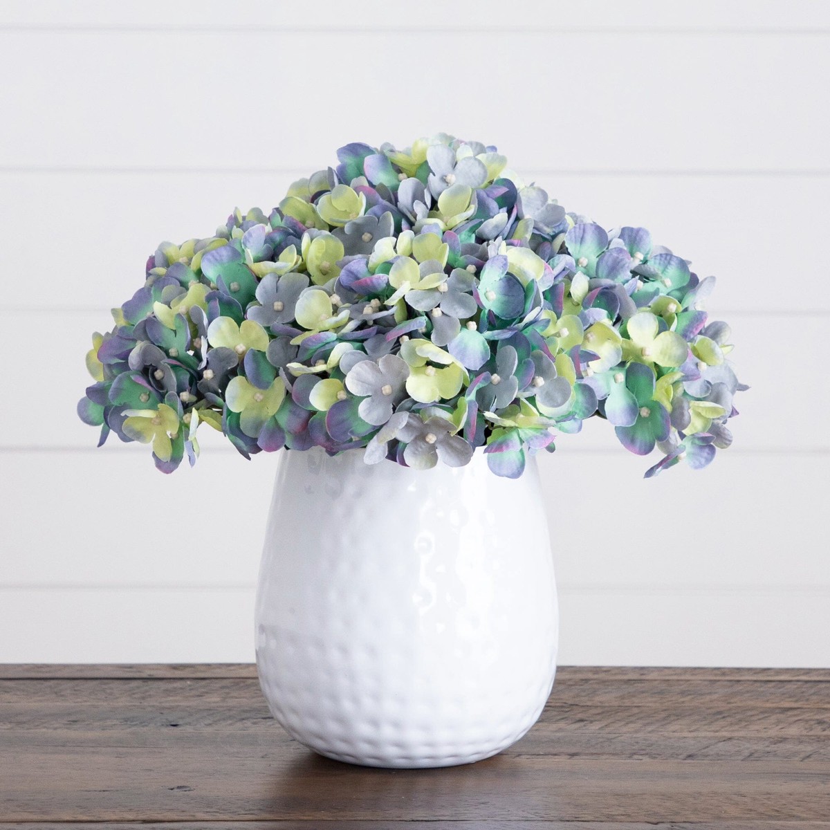 11 Artificial Hydrangea Arrangement in White Metal Vase – Blue