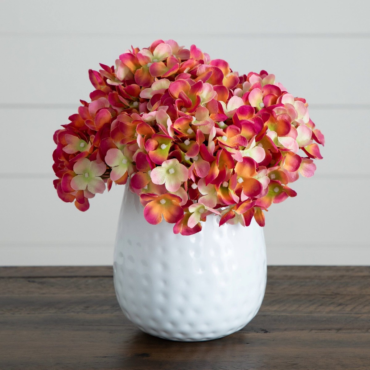 11 Artificial Hydrangea Arrangement in White Metal Vase – Pink