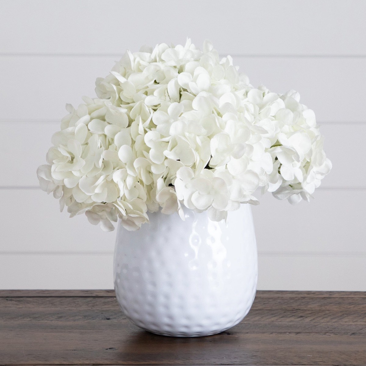 11 Artificial Hydrangea Arrangement in White Metal Vase – White