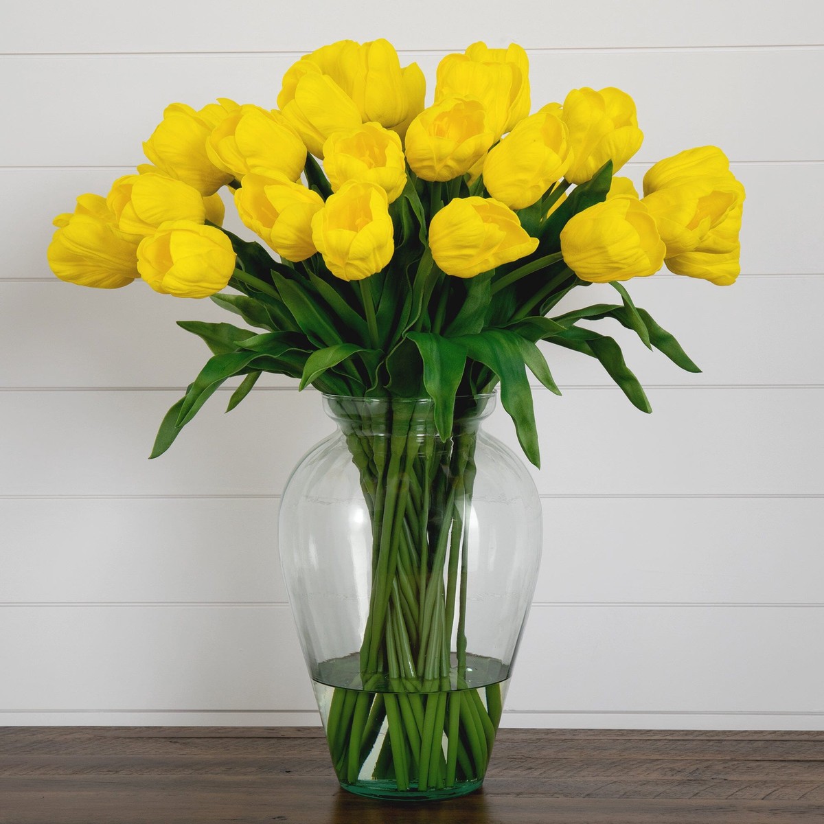 Signature Collection 24 Tulip Artificial Arrangement in Glass Vase – Yellow