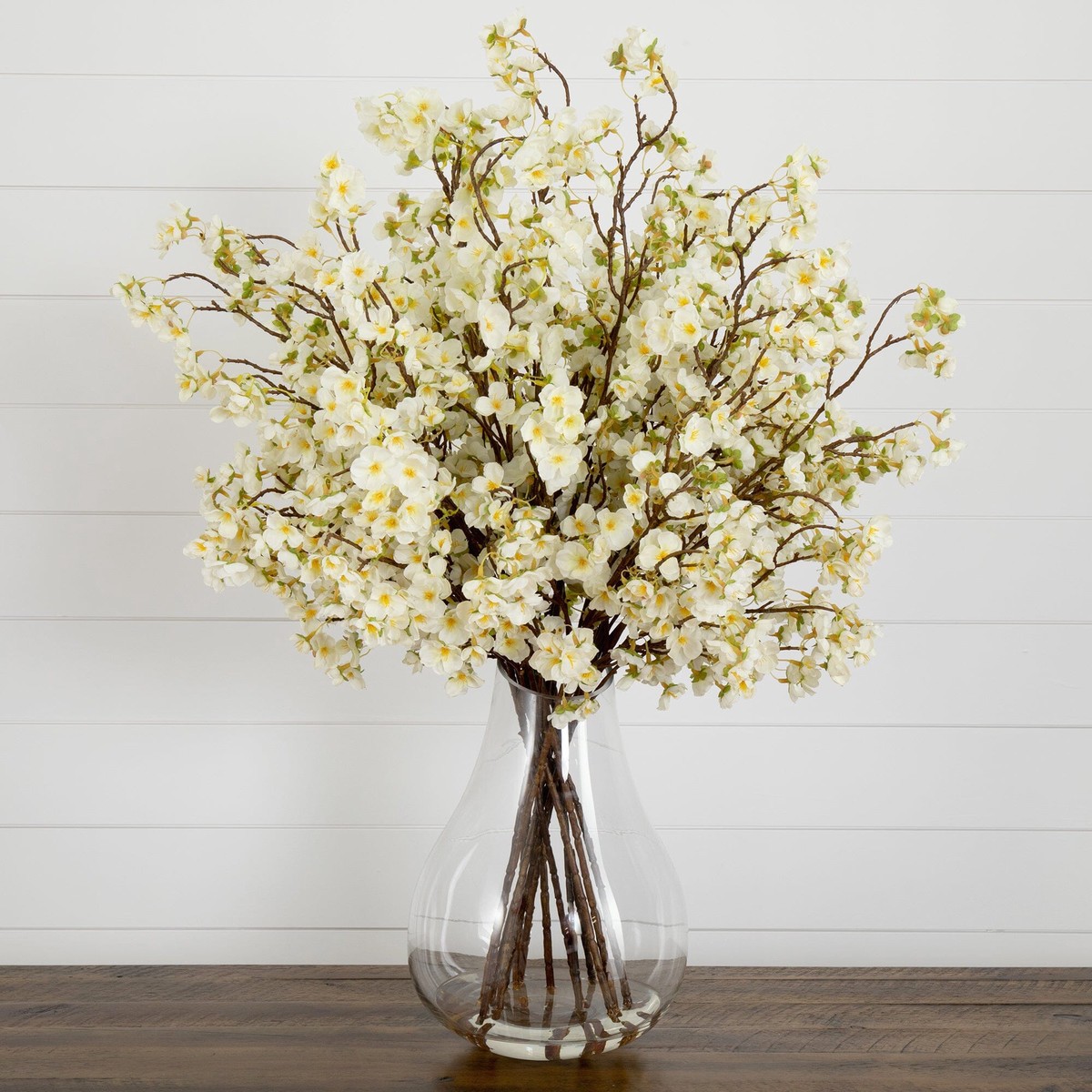 Signature Collection 27 Giant Cherry Blossom Artificial Arrangement in Glass Vase – White