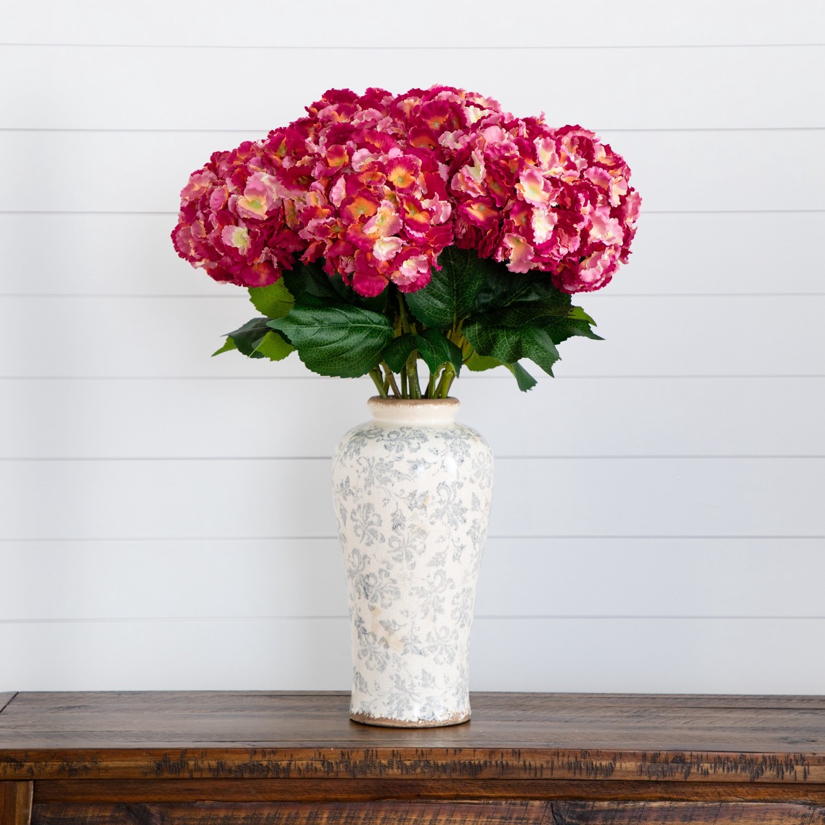 Signature Collection 30 Artificial Hydrangea Arrangement in Ceramic Floral Printed Vase – Pink