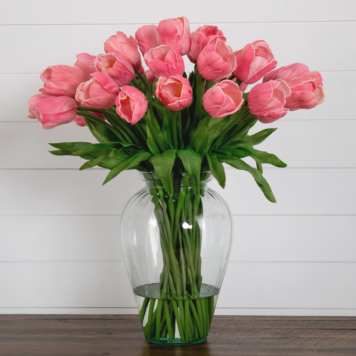 Signature Collection 24 Tulip Artificial Arrangement in Glass Vase – Pink