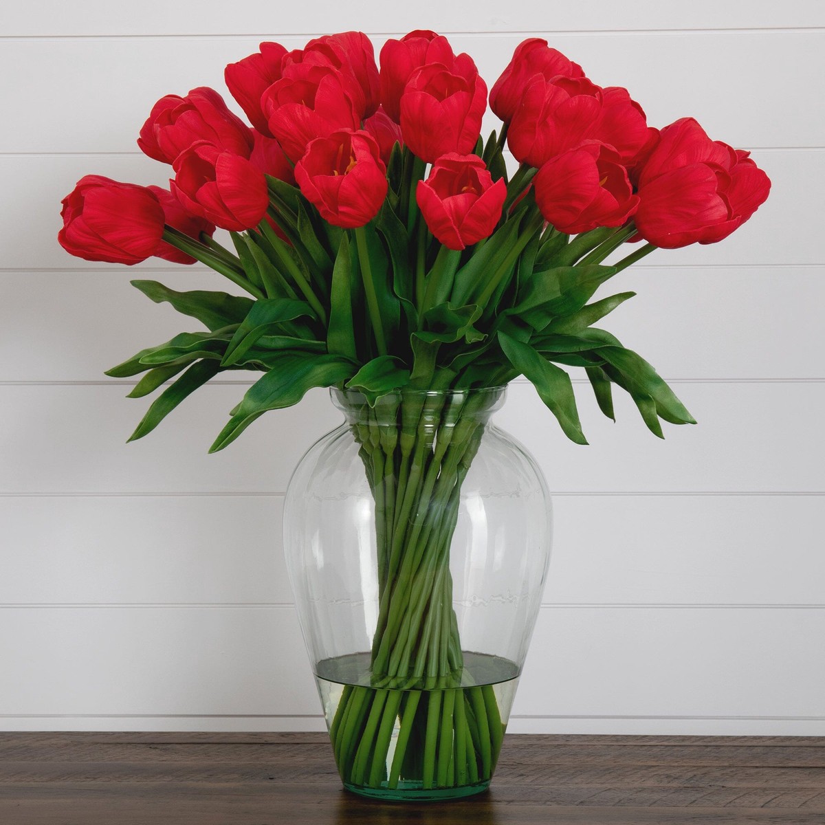 Signature Collection 24 Tulip Artificial Arrangement in Glass Vase – Red