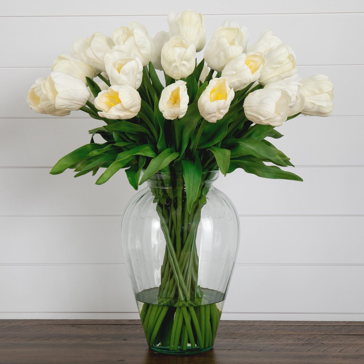 Signature Collection 24 Tulip Artificial Arrangement in Glass Vase – White