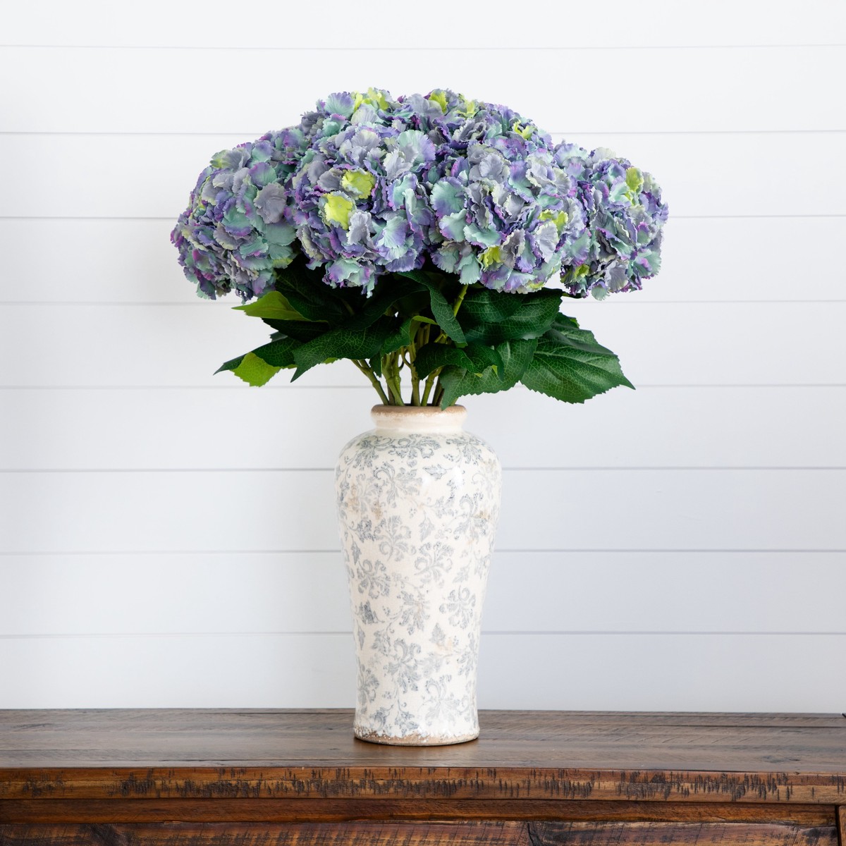Signature Collection 30 Artificial Hydrangea Arrangement in Ceramic Floral Printed Vase – Blue