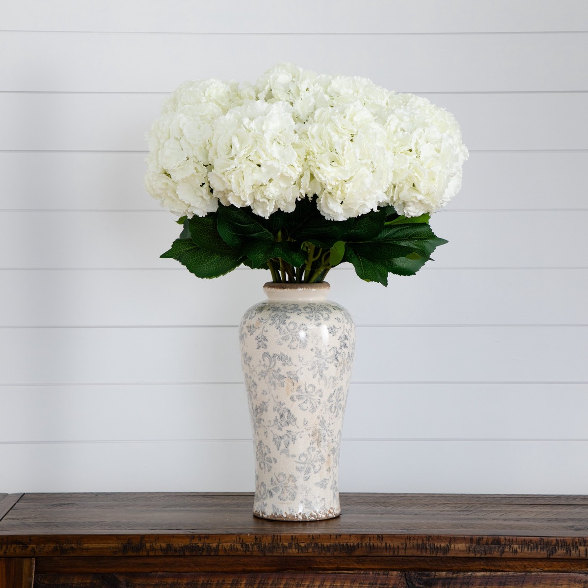 Signature Collection 30 Artificial Hydrangea Arrangement in Ceramic Floral Printed Vase – White