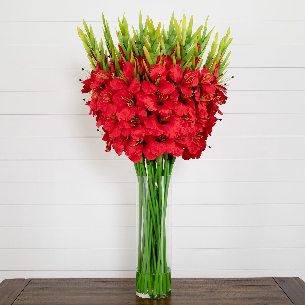 Signature Collection 44 Gladiola Artificial Arrangement in Glass Vase – Red