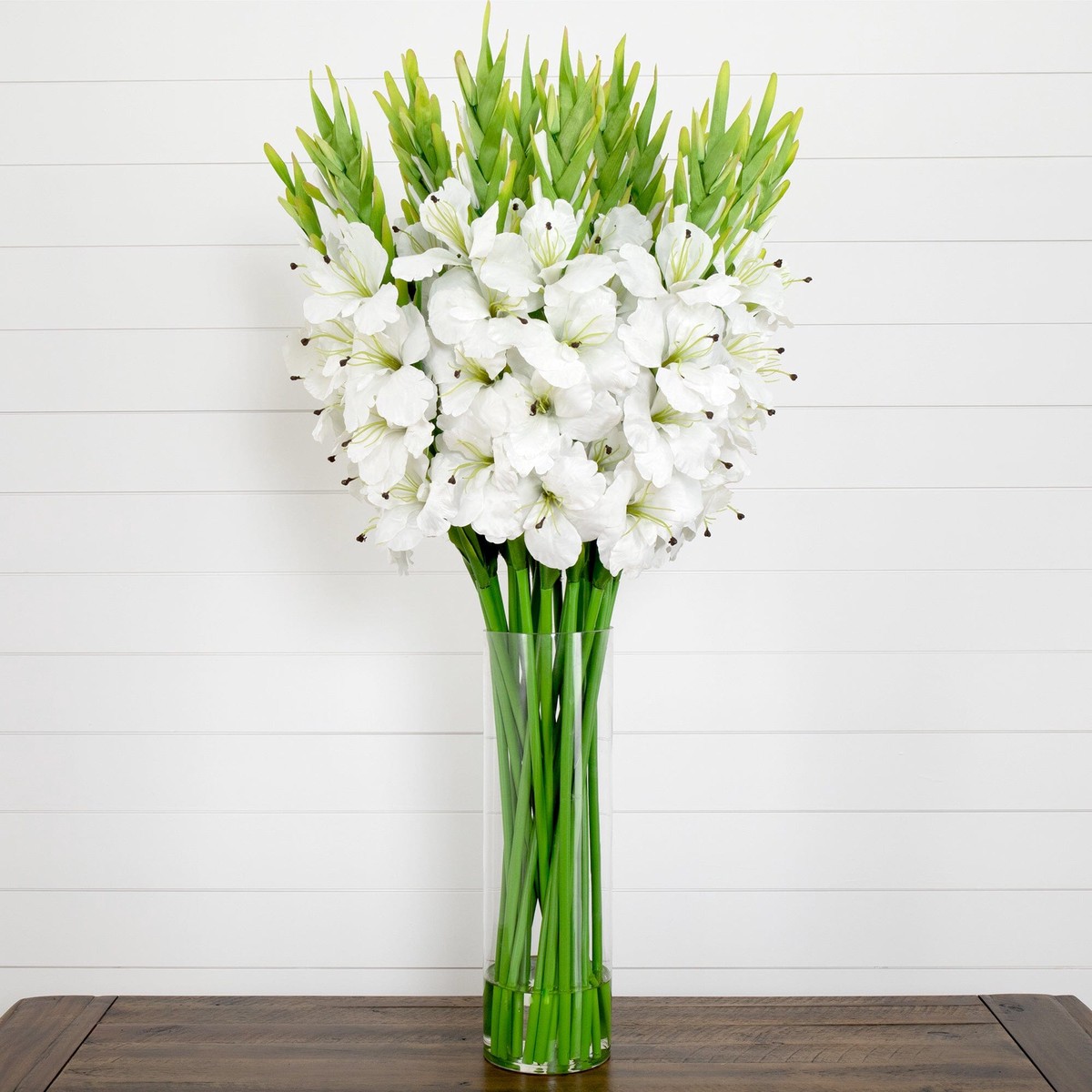 Signature Collection 44 Gladiola Artificial Arrangement in Glass Vase – White