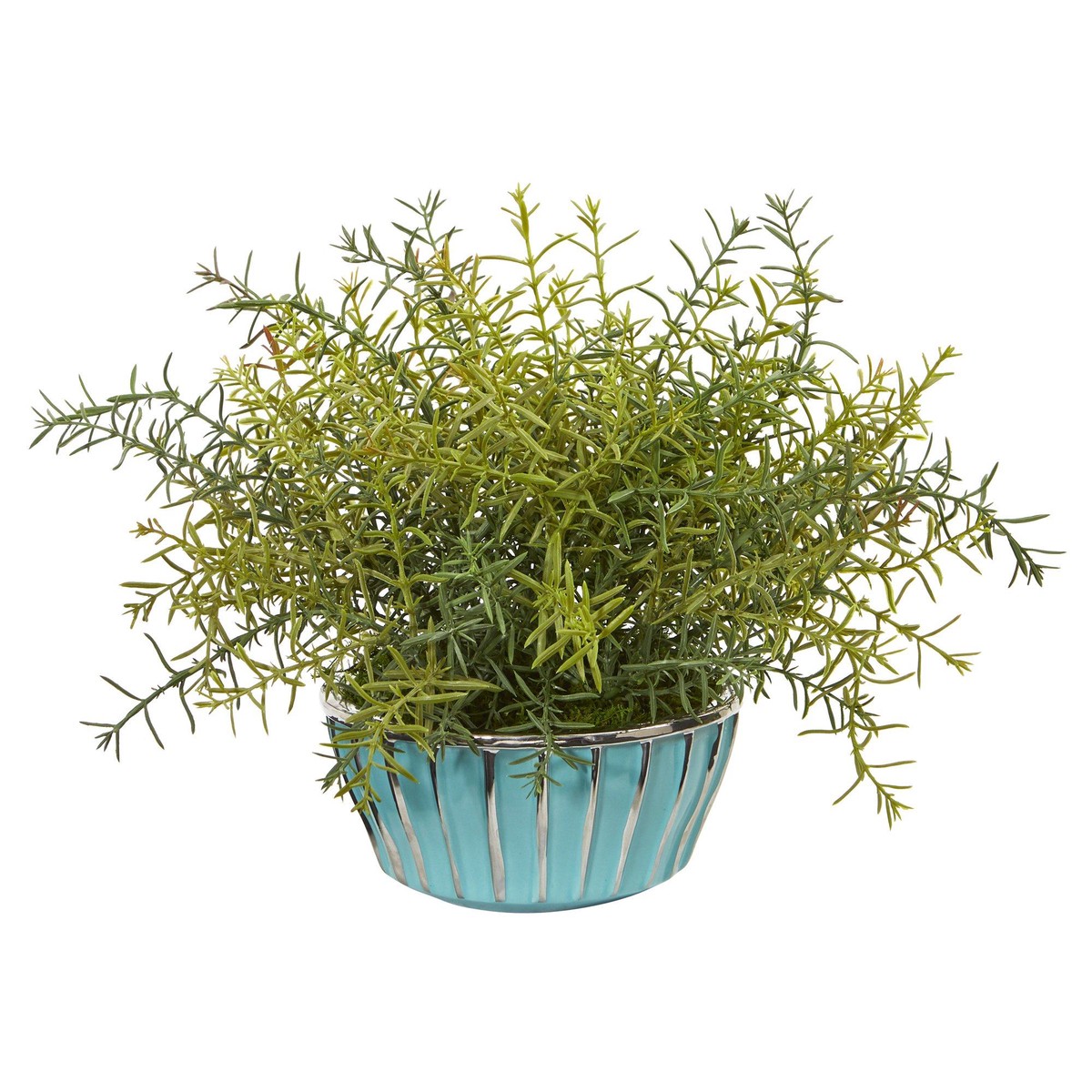 11 Rosemary Artificial Plant in Turquoise Bowl with Silver Trimming
