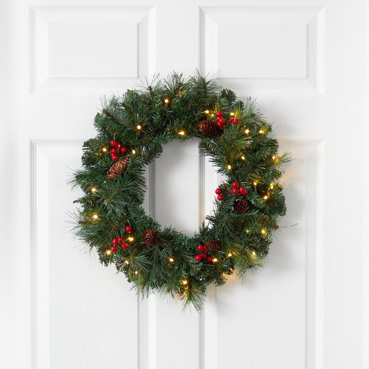 20 Frosted Pine Artificial Christmas Wreath with Pinecones, Berries and 35 Warm White LED Lights