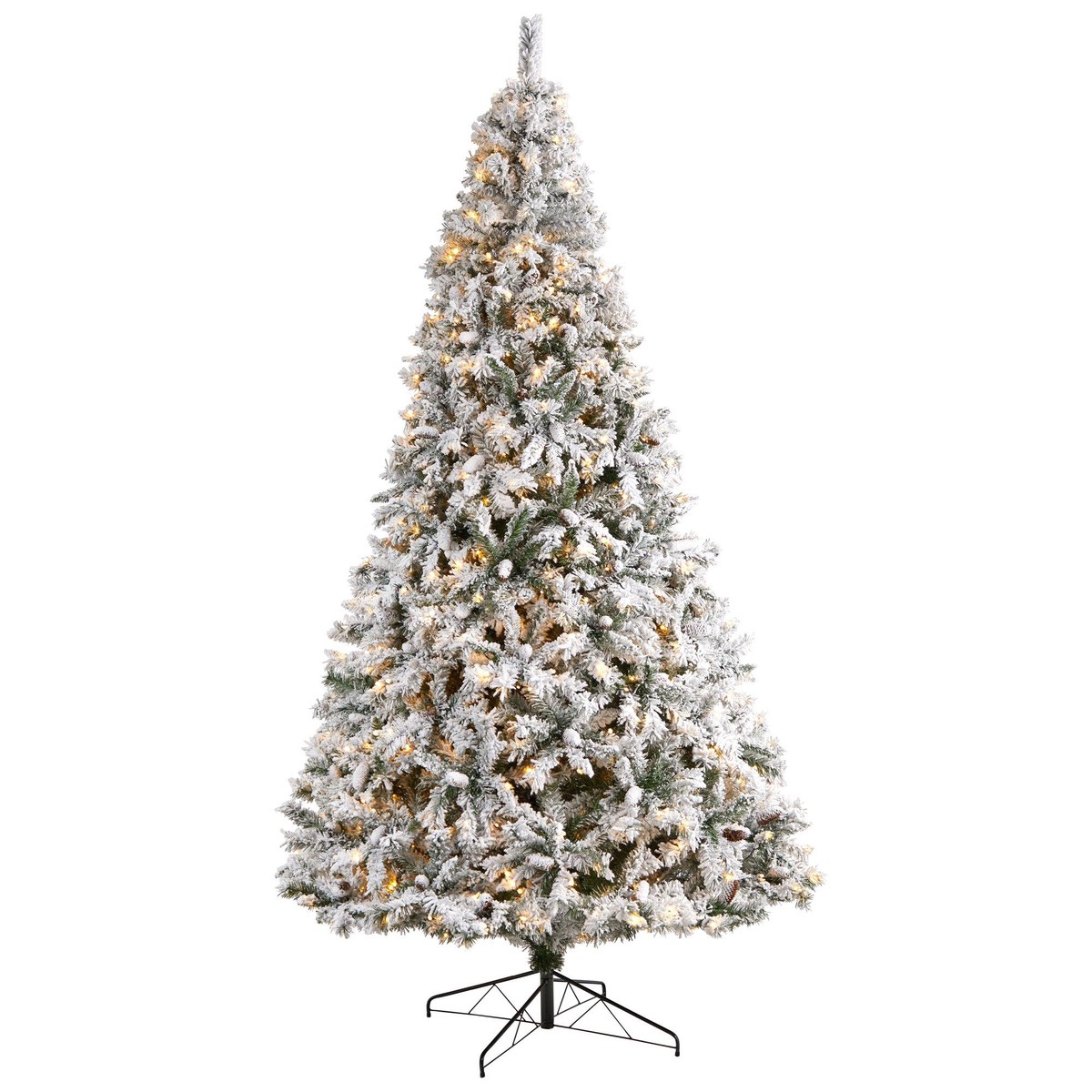10′ Flocked White River Mountain Pine Christmas Tree with Pinecones and 800 Clear LED Lights