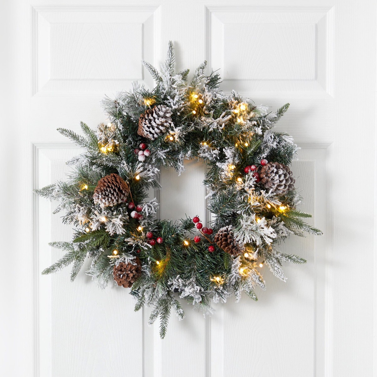 20 Flocked Artificial Christmas Wreath with 35 Warm White LED Lights