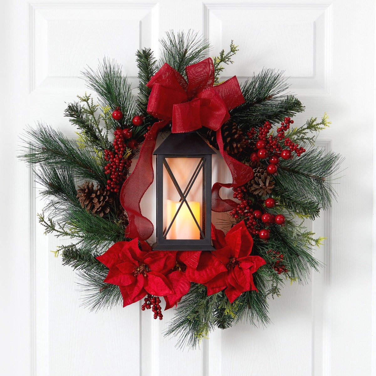 28 Poinsettia and Berry Holiday Lantern Christmas Wreath with LED Candle