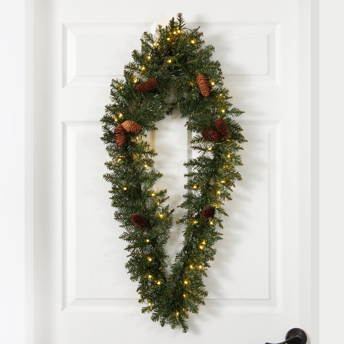 3′ Holiday Christmas Geometric Diamond Wreath with Pinecones and 50 Warm White LED Lights
